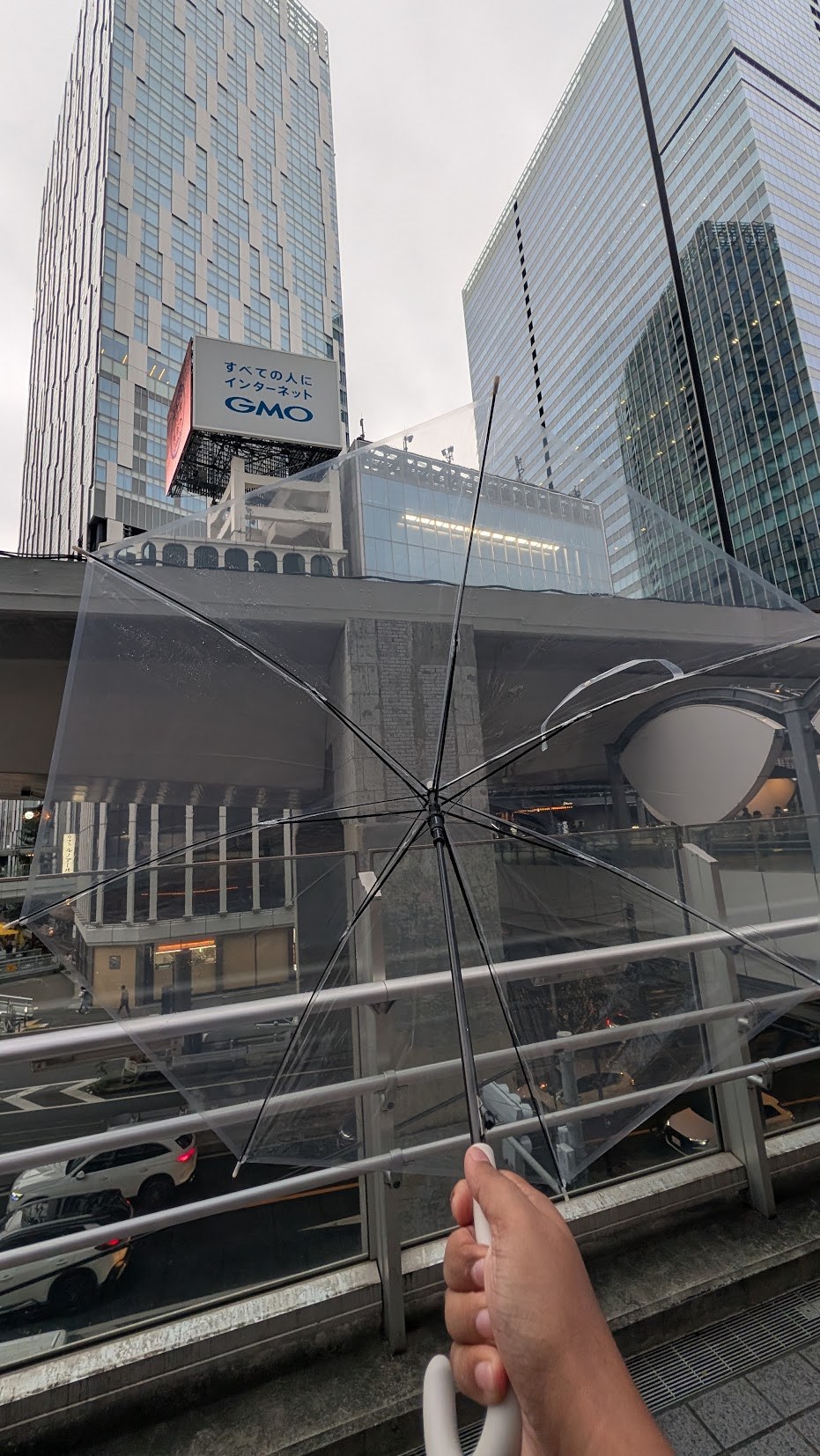 A transparent umbrella on a rainy Tokyo street