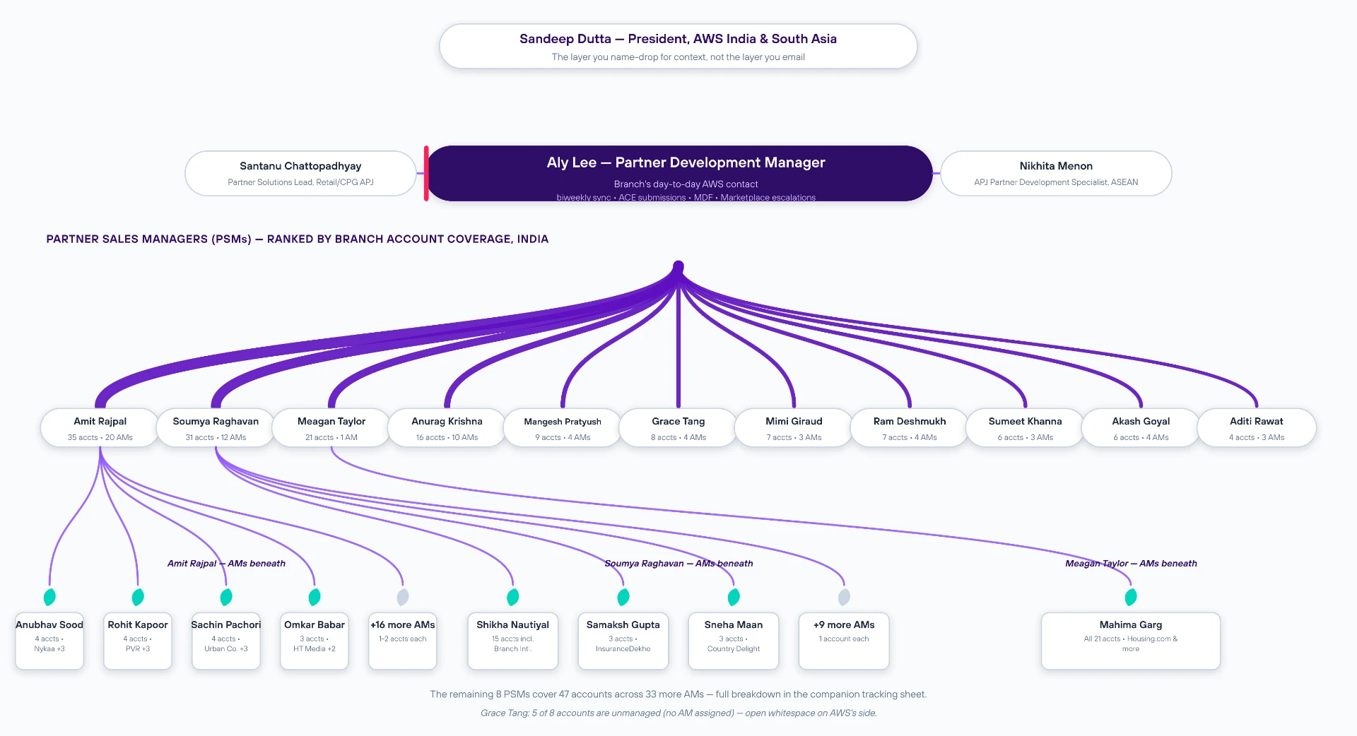 AWS India account tree map: leadership layer, Branch's alliance contacts, and Partner Sales Managers ranked by Branch account coverage with their Account Managers beneath