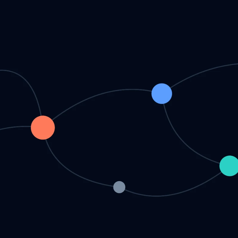 Abstract network of colorful connected nodes on a dark background, representing how every professional conversation ties back to another
