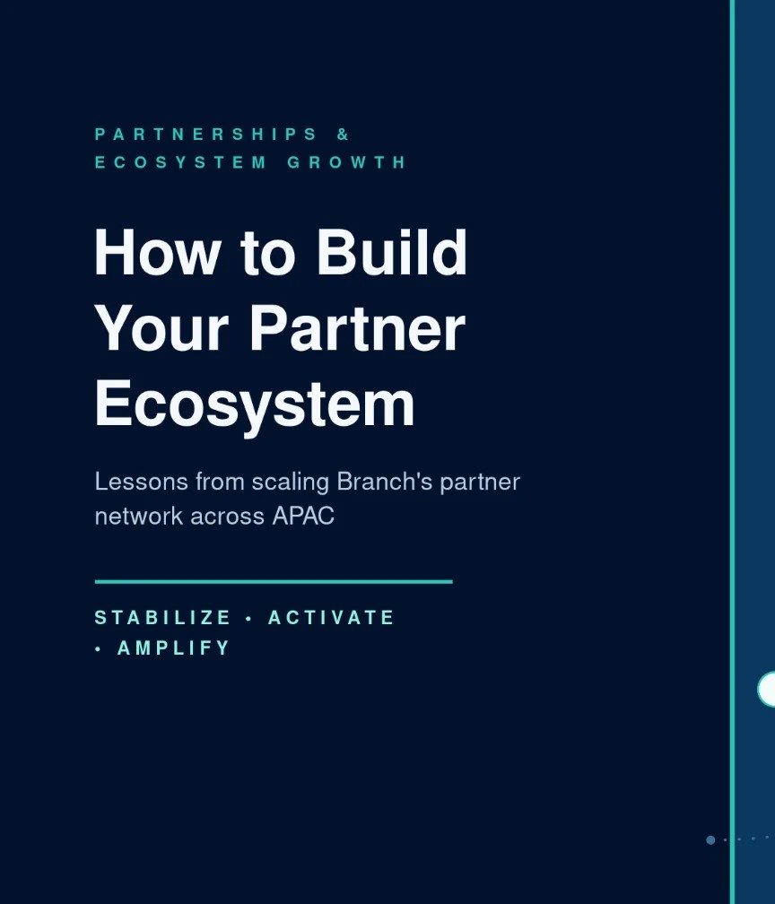 Network diagram header for the essay How to Build Your Partner Ecosystem, with a hub-and-spoke partner network on a navy background